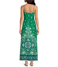 Skies Are Blue Floral Border Print Button Front V-Neck Sleeveless Maxi Dress