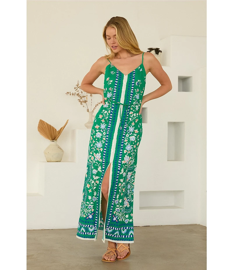 Skies Are Blue Floral Border Print Button Front V-Neck Sleeveless Maxi Dress