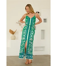 Skies Are Blue Floral Border Print Button Front V-Neck Sleeveless Maxi Dress