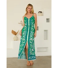 Skies Are Blue Floral Border Print Button Front V-Neck Sleeveless Maxi Dress