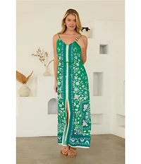 Skies Are Blue Floral Border Print Button Front V-Neck Sleeveless Maxi Dress