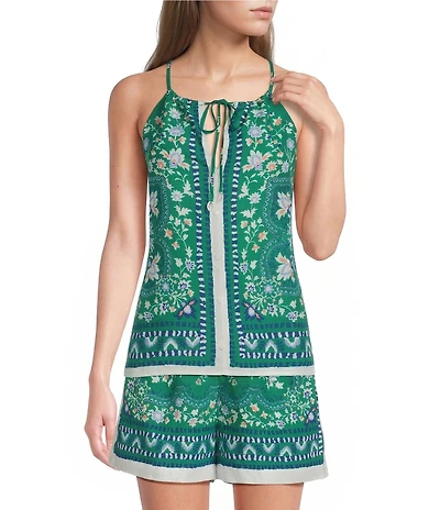 Skies Are Blue Floral Border Print Halter Neck Sleeveless Button-Front Coordinating Top