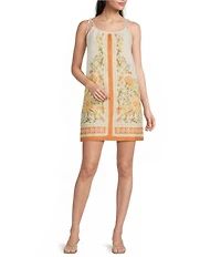 Skies Are Blue Floral Border Print Scoop Neck Sleeveless Shift Mini Dress