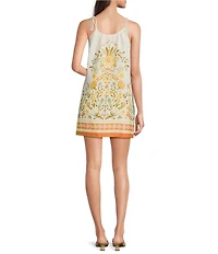 Skies Are Blue Floral Border Print Scoop Neck Sleeveless Shift Mini Dress