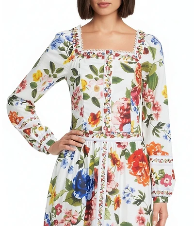 Skies Are Blue Floral Border Printed Square Neck Long Sleeve Coordinating Crop Top