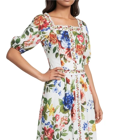 Skies Are Blue Floral Border Printed Square Neck Short Puff Sleeve Coordinating Crop Top