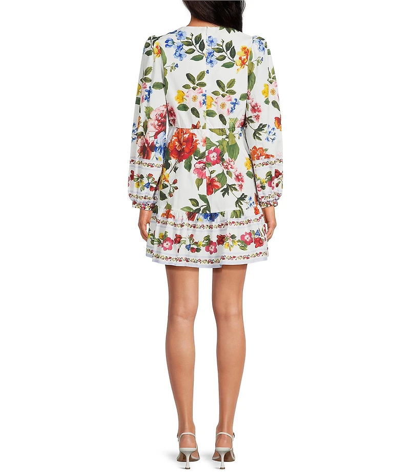 Skies Are Blue Floral Border Printed V-Neck Long Sleeve A-Line Poplin Mini Dress