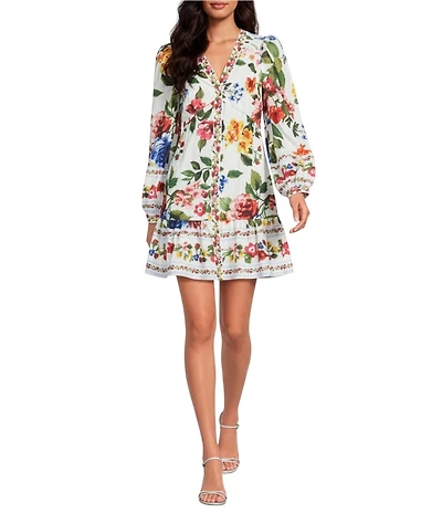 Skies Are Blue Floral Border Printed V-Neck Long Sleeve A-Line Poplin Mini Dress