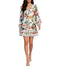 Skies Are Blue Floral Border Printed V-Neck Long Sleeve A-Line Poplin Mini Dress