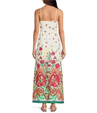 Skies Are Blue Floral Border V-Neck Sleeveless Button Front Maxi Dress