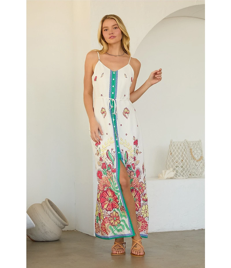 Skies Are Blue Floral Border V-Neck Sleeveless Button Front Maxi Dress
