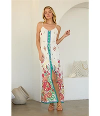 Skies Are Blue Floral Border V-Neck Sleeveless Button Front Maxi Dress
