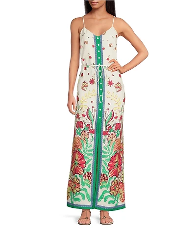 Skies Are Blue Floral Border V-Neck Sleeveless Button Front Maxi Dress