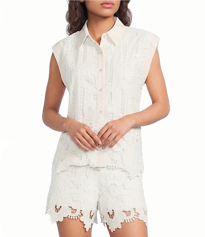Skies Are Blue Floral Lace Collared Neck Sleeveless Coordinating Button Front Top
