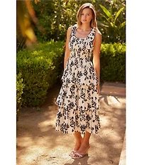 Skies Are Blue Floral Print Scoop Neck Ribbon Tie Tiered Poplin Midi Dress