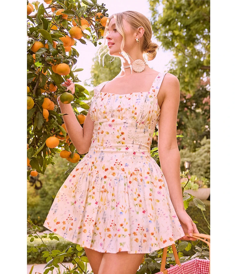 Skies Are Blue Floral Print Square Neck Sleeveless A-Line Mini Dress