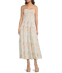 Skies Are Blue Floral Print Sweetheart Neck Sleeveless A-Line Midi Dress