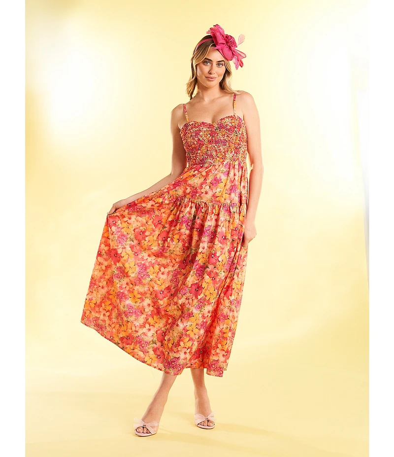 Skies Are Blue Floral Print Sweetheart Neck Sleeveless Smocked Bust Maxi Dress