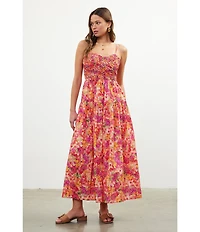 Skies Are Blue Floral Print Sweetheart Neck Sleeveless Smocked Bust Maxi Dress