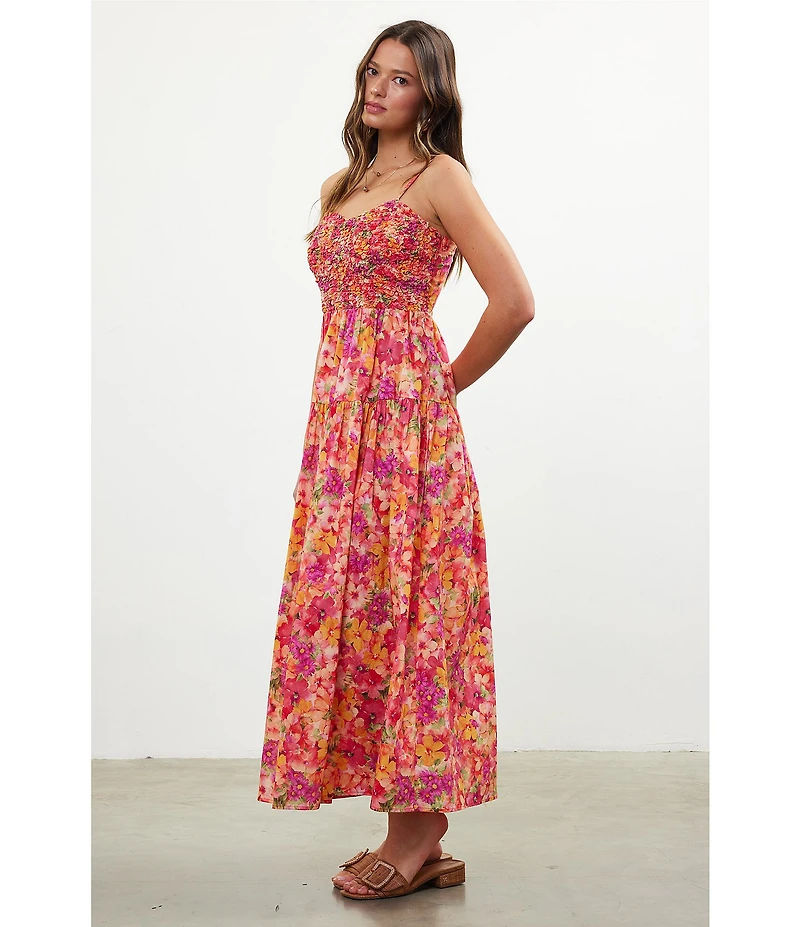 Skies Are Blue Floral Print Sweetheart Neck Sleeveless Smocked Bust Maxi Dress