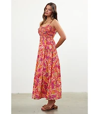 Skies Are Blue Floral Print Sweetheart Neck Sleeveless Smocked Bust Maxi Dress