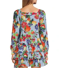 Skies Are Blue Coordinating Fruit Printed Square Neck Button Front Long Sleeve Top