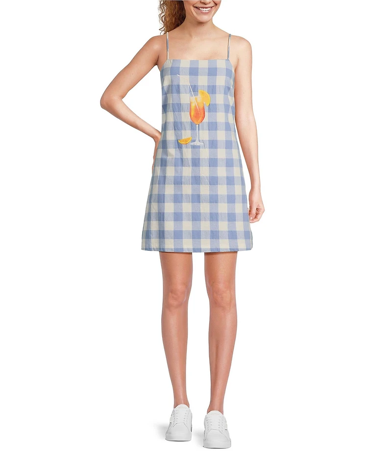 Skies Are Blue Gingham Graphic Cocktail Print Square Neckline Sleeveless Mini Dress