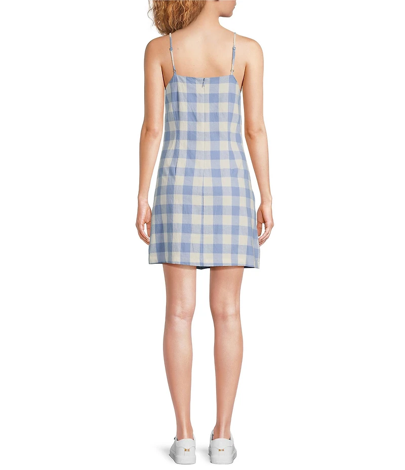 Skies Are Blue Gingham Graphic Cocktail Print Square Neckline Sleeveless Mini Dress