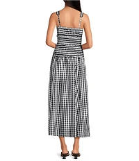 Skies Are Blue Gingham Print Square Neck Sleeveless Smocked Maxi Dress