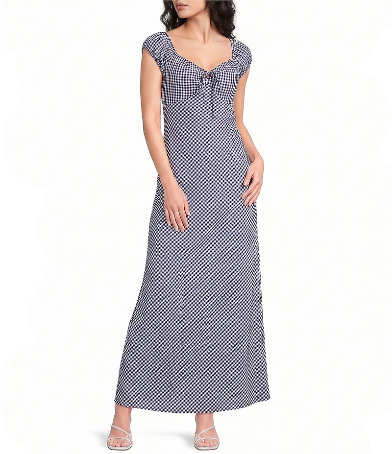 Skies Are Blue Gingham Print Sweetheart Neck Cap Sleeve Maxi Dress