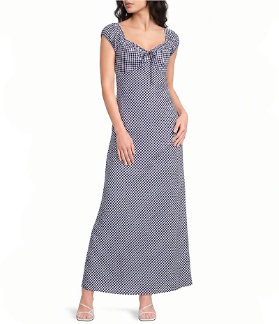 Skies Are Blue Gingham Print Sweetheart Neck Cap Sleeve Maxi Dress