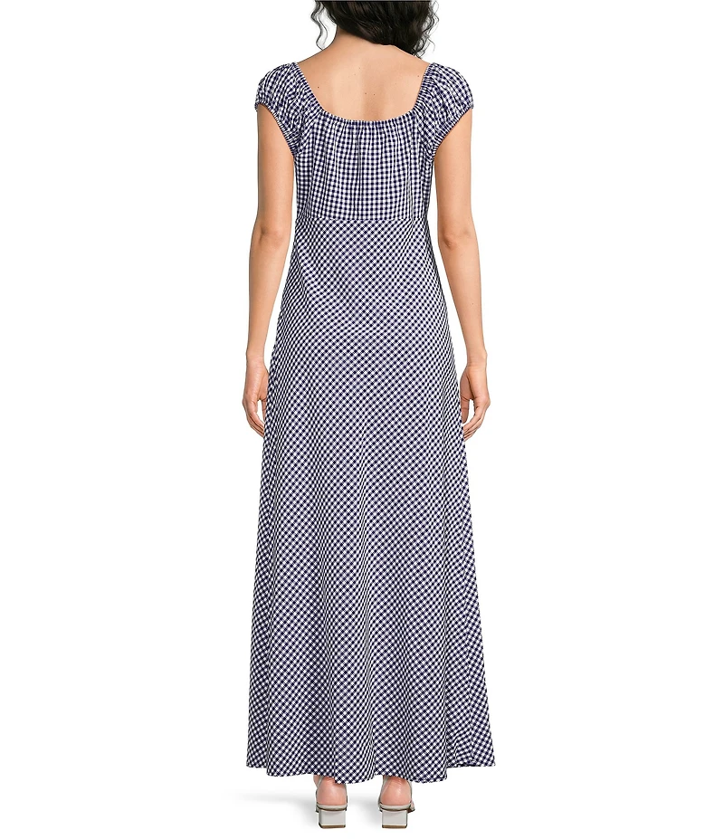 Skies Are Blue Gingham Print Sweetheart Neck Cap Sleeve Maxi Dress