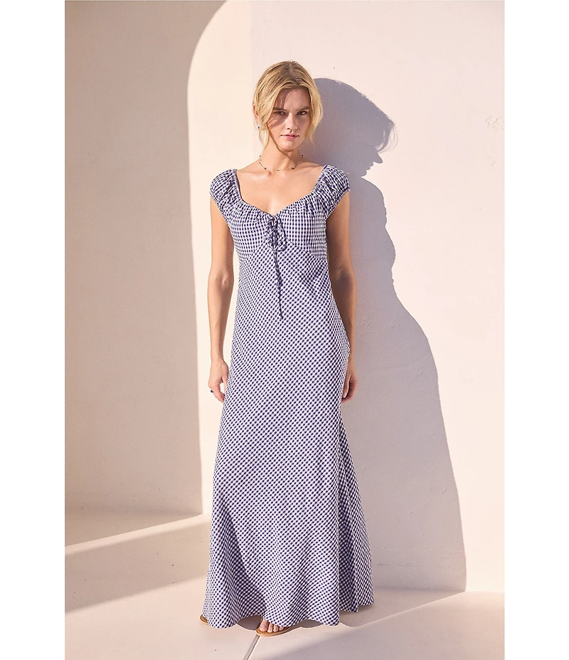 Skies Are Blue Gingham Print Sweetheart Neck Cap Sleeve Maxi Dress