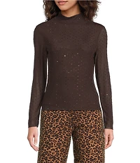 Skies Are Blue Hot Fix Mesh Rhinestone Turtleneck Long Sleeve Top