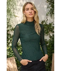 Skies Are Blue Hot Fix Mesh Rhinestone Turtleneck Long Sleeve Top