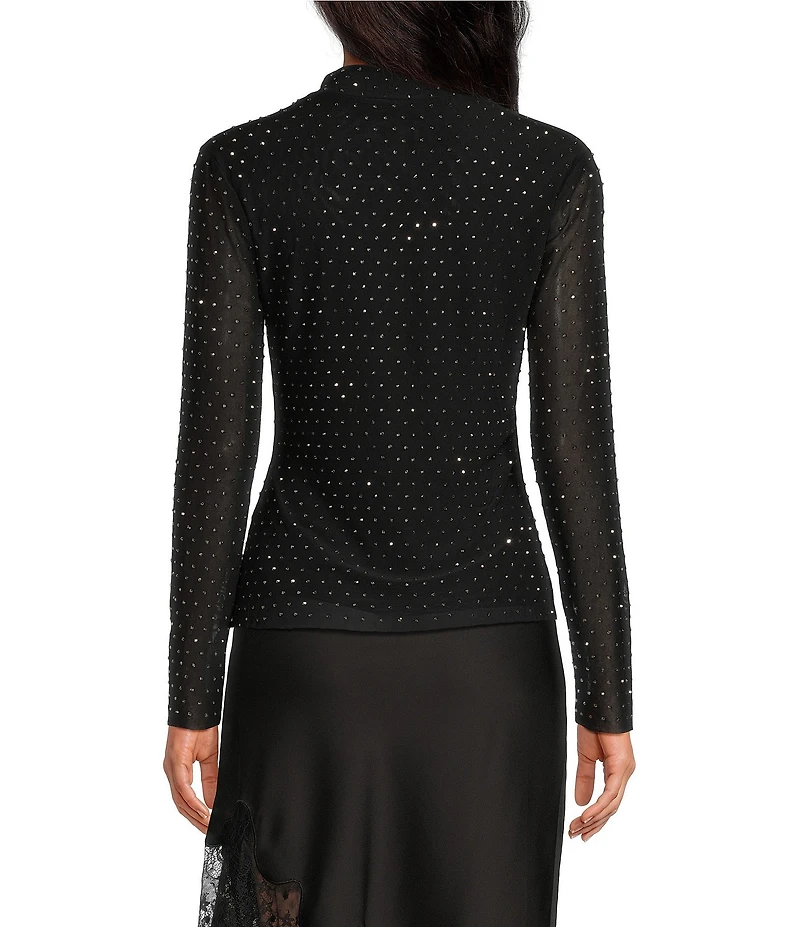 Skies Are Blue Hot Fix Mesh Rhinestone Turtleneck Long Sleeve Top