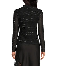 Skies Are Blue Hot Fix Mesh Rhinestone Turtleneck Long Sleeve Top