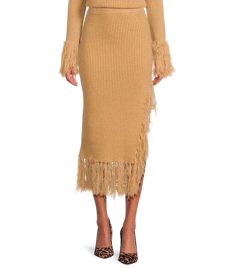 Skies Are Blue Knit Asymmetrical Feather Fringe Pull-On Midi Skirt