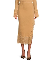 Skies Are Blue Knit Asymmetrical Feather Fringe Pull-On Midi Skirt