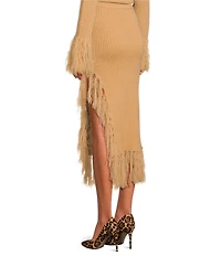 Skies Are Blue Knit Asymmetrical Feather Fringe Pull-On Midi Skirt