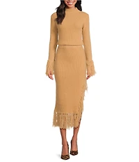 Skies Are Blue Knit Asymmetrical Feather Fringe Pull-On Midi Skirt
