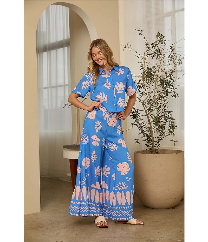 Skies Are Blue Leaf Print High Rise Wide Leg Coordinating Pants