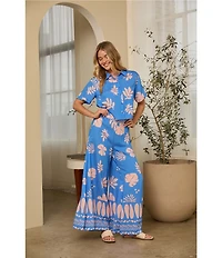 Skies Are Blue Leaf Print High Rise Wide Leg Coordinating Pants