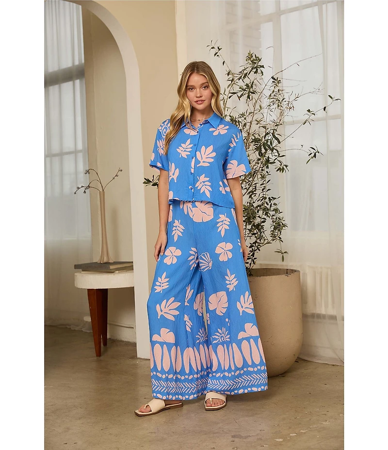 Skies Are Blue Leaf Print High Rise Wide Leg Coordinating Pants
