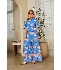 Skies Are Blue Leaf Print High Rise Wide Leg Coordinating Pants