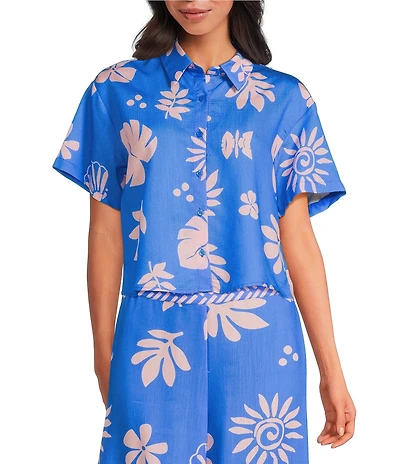 Skies Are Blue Leaf Print Point Collar Short Sleeve Cropped Button Front Coordinating Shirt