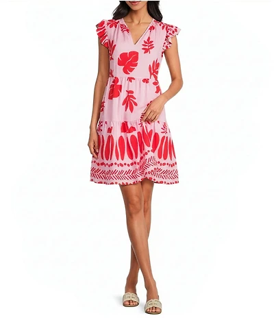 Skies Are Blue Leaf Print V-Neck Ruffle Sleeve A-Line Mini Dress