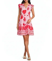 Skies Are Blue Leaf Print V-Neck Ruffle Sleeve A-Line Mini Dress