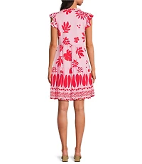 Skies Are Blue Leaf Print V-Neck Ruffle Sleeve A-Line Mini Dress