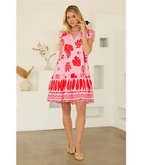 Skies Are Blue Leaf Print V-Neck Ruffle Sleeve A-Line Mini Dress